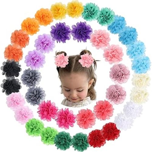OAOLEER 40pcs 2" Flower Baby Hair Bows Clips, Chiffon Flower Tiny Hair Clips Fine Baby Hair Accessories for Girls Infants Toddlers Set of 20 Pairs