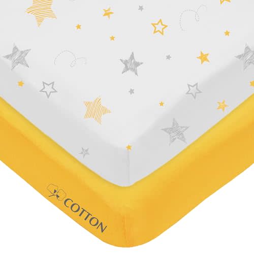 American Baby Company 2 Pack 100% Natural Cotton Fitted Crib Sheets 52" x 28" - Soft, Breathable, Hypoallergenic & Gentle Toddler Bed Sheets, Golden Yellow Star/Yellow, Neutral for Boys & Girls