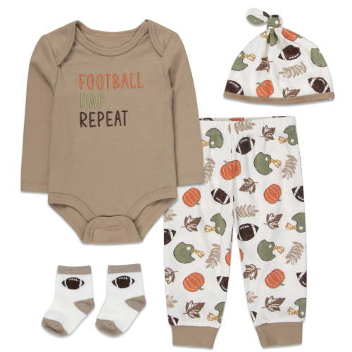 Baby Essentials Infant Boy Football Outfit Set with Bodysuit, Pants, Hat & Socks (Tan Football Nap Repeat,9 months)