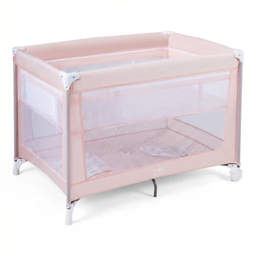 BABY JOY Pack and Play with Bassinet, Portable Playard for Baby, Double Layer Foldable Baby Playpen with Mattress, Lightweight Pink Travel Crib with Bassinet & Carry Bag from Newborn to Toddlers