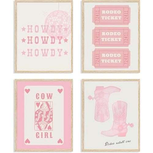 YZLYAD 4Pcs Pink Cowgirl Wall Art,Retro Western Boots Disco Ball Prints Poster Pictures,Preppy Prints Canvas Decor for teen girls' bedrooms,college dorms,or western-themed apartments.8x10in Unframed