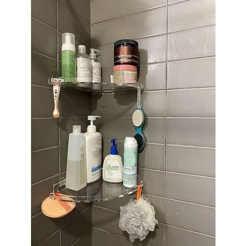 JiePai Acrylic Corner Shower Caddy Shelf with Hooks 2 Pack, Adhesive Wall Mounted Bathroom Shower Organizer for Inside Shower & Kitchen Storage, Space-Saving Design