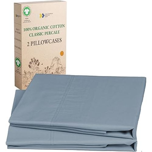 California Design Den 100% Organic Cotton King Size Pillow Cases 2 Set, Soft & Crisp Percale Weave Cotton Pillowcases (Blue Hydrangea)