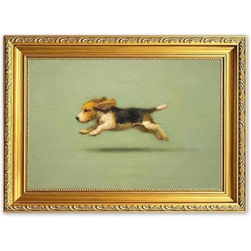Vintage Gold Framed Running Beagle Dog Canvas Wall Art 11x9in
