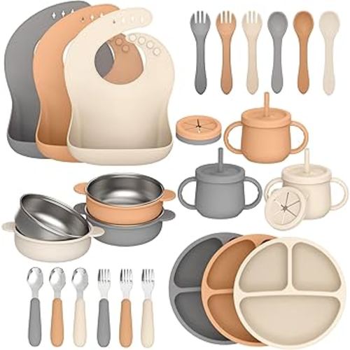 27 Pack Silicone Baby Feeding Set, Hepotk BPA-Free Food Grade Baby Feeding Essentials Utensils, Second Stage Baby Food Eating Utensils, Set of 3 babies((Brown, Beige, Grey)