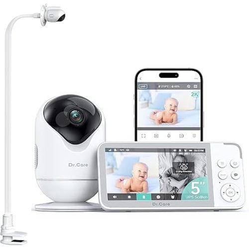 Dr.Care VistaView 5” Smart WiFi Baby Monitor with Clip Mount - 2K HD Camera, App Control, Cry & Motion Alerts, Night Vision, 5000mAh Battery, 2-Way Talk, Multi-User, Triple Security