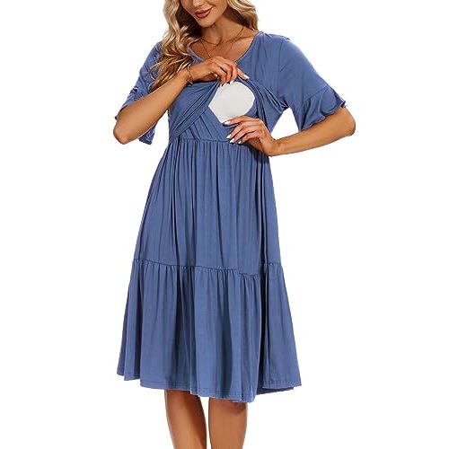 Smallshow Women's Maternity Nursing Dress Ruffle Short Sleeve Breastfeeding Clothes