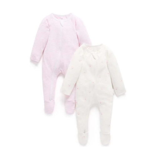 2 Pack Zip Coverall Pale Pink Bear Pack - Purebaby Sleepwear | Maisonette