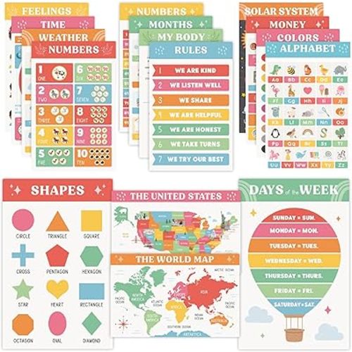 Fun Educational Posters for Toddlers 1–3 – Set of 16 Easy to Read Learning Posters for Classroom & Homeschool Decor – Essential Preschool/Kindergarten Kids Room Wall Charts incl. ABC & Number Chart