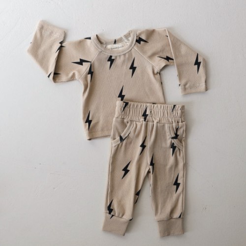 Forever French Ribbed Jogger Set - Tan & Black Bolt