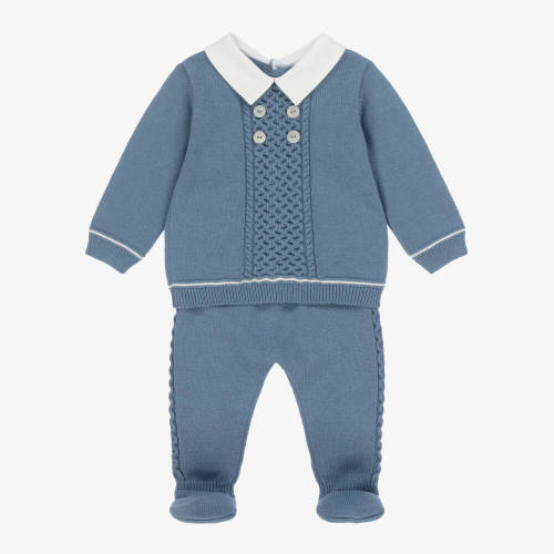 Dr. Kid - Boys Blue Cotton Knit 2 Piece Babygrow with White Twill Collar | Childrensalon