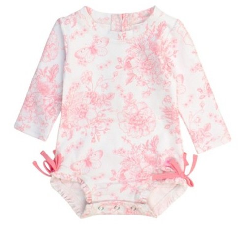 Rufflebutts Baby/toddler Girls Upf50+ Long Sleeve One Piece Rash Guard - Bubblegum Pink Butterfly Garden Toile, 3-6m