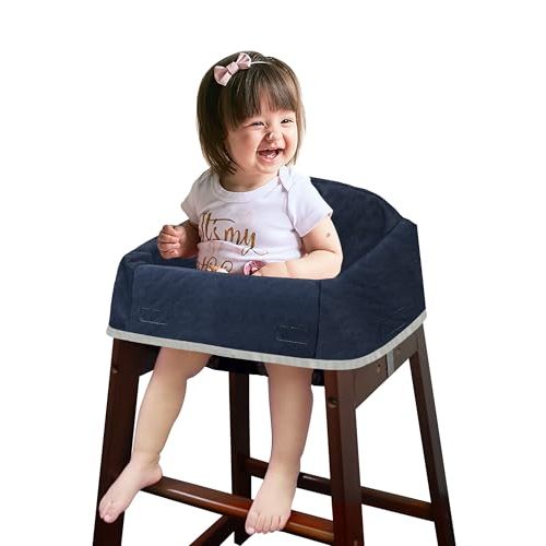 Dual-Belt Baby High Chair Cover, Upgrade Version, for Wooden or Restaurant High Chair, Sturdy and Robust Material, Waterproof Washable Stain and Slip Resistant, Navy Blue