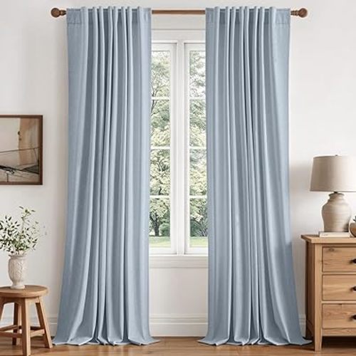 MIULEE 100% Blackout Linen Curtains for Bedroom 84 inches Long, Thermal Insulated Room Darkening Black Out Drapes for Living Room, Back Tab Rod Pocket, 2 Panels Set, 40 Wide x 84 Length, Light Blue