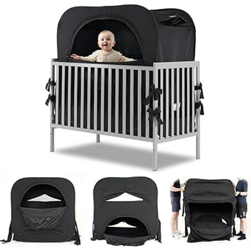Poray Pop up Baby Privacy Bed Tent Sleeping Crib Tent Cover for Toddler,Blocks 80% Light with Monitor and Fan Pouch Design with Zipper Doors,Breathable Mesh Windows