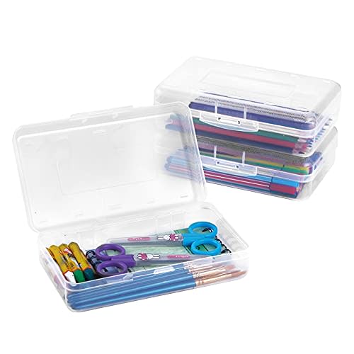 Sooez 3 Pack Pencil Case, Large Hard Pencil Box Bulk, Clear Crayon Box | Marker Pen Organizer, Plastic Storage Container with Snap Lid, Stackable Art Craft Organizer Back to School Supplies, Clear