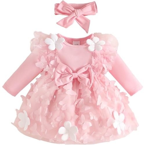 Baby Girl Clothes Flower Dress Long Sleeve Butterfly Princess Wedding Birthday Party Bowknot Dresses for Infant Girl