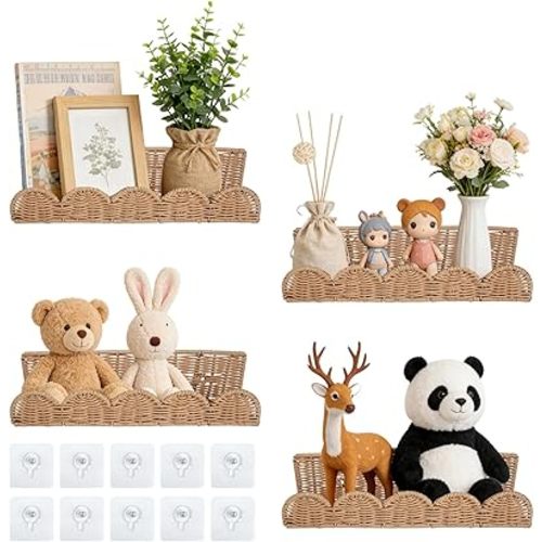 4 Pcs Rattan Scalloped Floating Bookshelves with Traceless Nails 15.8 Inch Hanging Wicker Boho Book Shelf Mounted Book Shelves Decor for Bedrooms Playrooms Wall (Classic)