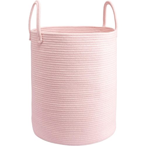 Woven Cotton Rope Laundry basket-15”X20” Laundry Hamper-Rope Storage Basket for Dirty Clothes, Toys and Blankets Perfect for Bathroom, Baby nursery and Living Room Storage (pink)