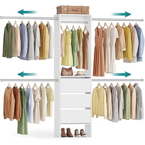 SONGMICS Closet System, Customizable Walk-In Closet Organizer System with Adjustable Hanging Rods and Drawers, White, Fits Spaces 4-9.6 ft Wide URGR042WZ01S