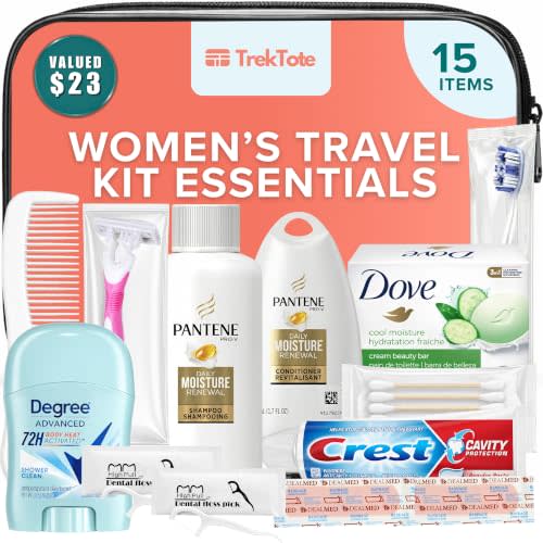 15-Piece Women’s Travel Toiletry Kit – With Premium Brand-Name Toiletries | TSA Approved Travel Essentials with Shampoo, Conditioner, Body Wash, Deodorant & Oral Care in Clear Bag