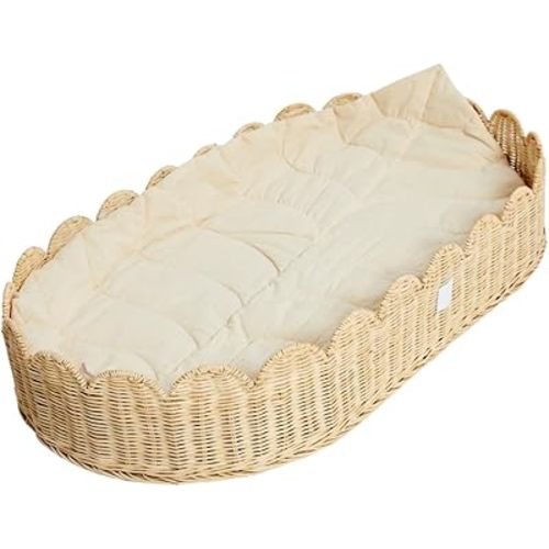 Bebe Bask Premium Baby Changing Basket - Artisan-Crafted Scalloped Rattan - Changing Basket for Baby Dresser - All Accessories Included - Complete Set for Nursery (Natural)