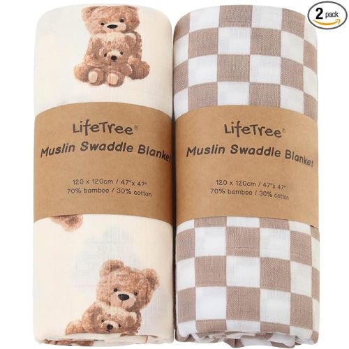 LifeTree Muslin Swaddle Blankets, Baby Swaddling Wrap Nursery Blanket Unisex, Soft 70% Viscose from Bamboo and 30% Cotton, Large 47 x 47 inches, Bear & Checkered Swaddle Blanket