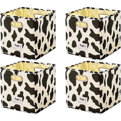 Foldable Animal Cow [Set of 4] Cube Storage Bins, Collapsible Fabric Organizer Container Boxes w/ Handles – 11 x 11 x 11 Inches