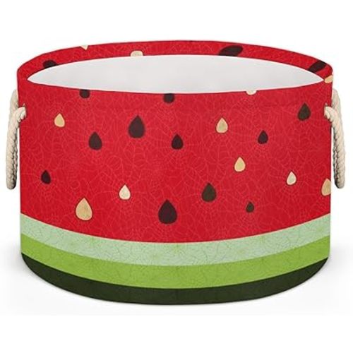 Cartoons Fun Watermelon Large Storage Basket Round Laundry Basket with Handle Organization Collapsible Storage Bins Box Hamper for Kids Toy Clothes Nursery Bedroom Living Room Decor