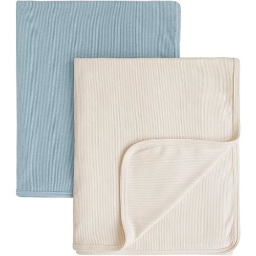 Konssy Knit Baby Blanket 2 Pack, Soft Ribbed Swaddle Receiving Blankets for Boys & Girls, Lightweight Cozy Swaddling Wrap for Newborns, Infants, & Toddlers, 33x42 Inch (Blue, Beige)