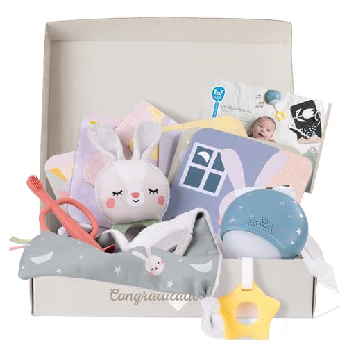 Taf Toys Newborn Bedtime Kit - Baby Essentials Portable Sound Machine with Soothing Music & Light, Contrast Cards, Security Blanket, Bunny Teether & Toothbrush - Ideal Newborn