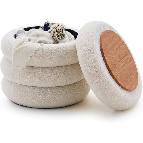 Wimarsbon Round Storage Ottoman, Modern Sherpa Footstool, Teddy Vanity Stool with Flip-Top Tray, Makeup Chair for Home Decor, Upholstered Footrest for Living Room & Bedroom (White)