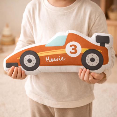 Race Car Shape Pillow, Personalized Nursery Decor, Motorsport Playroom Accent Cushion