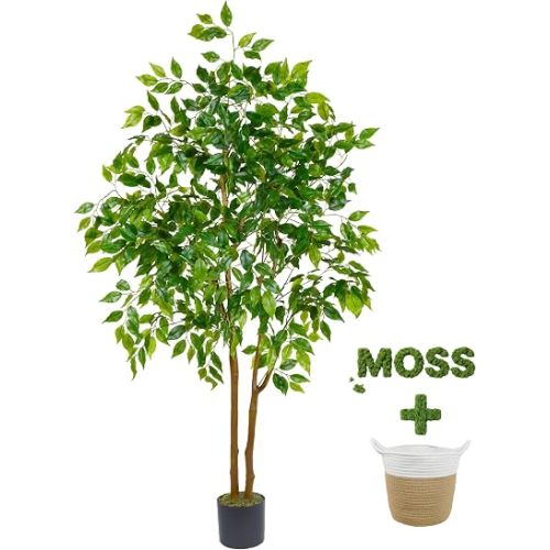 Warmplants Artificial Ficus Tree, 5ft Tall Fake Ficus Tree with Basket, Faux Plant for Indoor Outdoor Home Livingroom Office Garden Porch Décor
