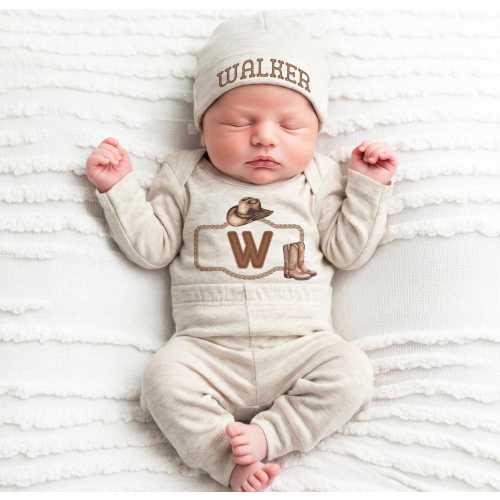 3 Piece Personalized Sublimation Baby Boy Bodysuit Set- (0M-18M), Beanie, Bodysuit & Pants– Western Newborn Coming Home Cowboy Outfit