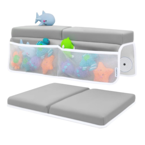 Baby Bath Kneeler and Elbow Rest Pad Set - Baby Bath Support for Knees and Elbows - Bath Kneeler Pad with Memory Foam and Bath Toys Organizer - Ideal Bath Kneeling Pad for Bathing Baby - Grey