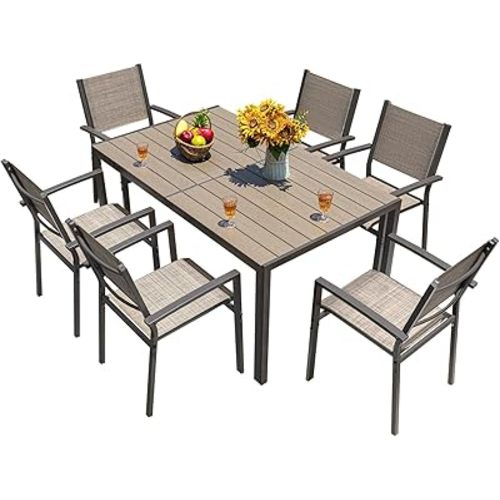 Homall Patio Dining Set 7 Pieces Outdoor Furniture with Large Table and 6 Textilene Chairs for Porch, Poolside, Yard and Garden, Brown
