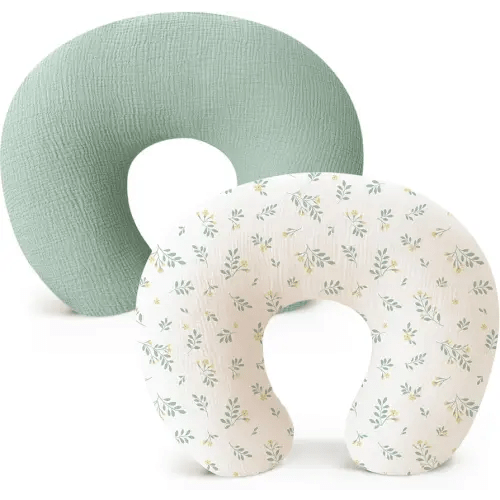 Konssy Muslin Nursing Pillow Covers, Soft and Cute Nursing Covers for Breastfeeding Pillows, Ideal for Newborn Baby Boys and Girls (Green, Leafy) - 2 Pack