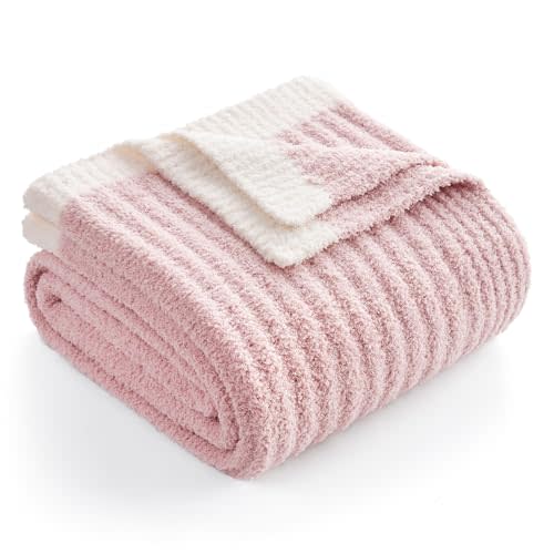 Snuggle Sac Pink Throw Blanket for Couch, Soft Cozy Ribbed Fluffy Blankets for Women, Warm Microfiber Knit Cute Throws for Girls Daughter Women Gifts for Mom, Pink, 50x60 inches