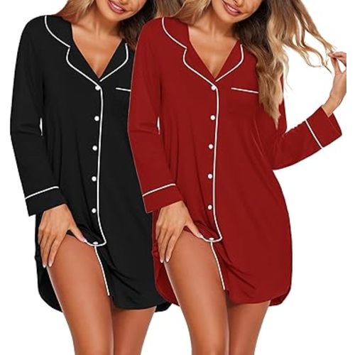 Ekouaer 2 Pack Nightgowns for Women Long Sleeve Night Shirt Button Down Sleep Shirt V-Neck Sleep Dress Pajama Sleepwear