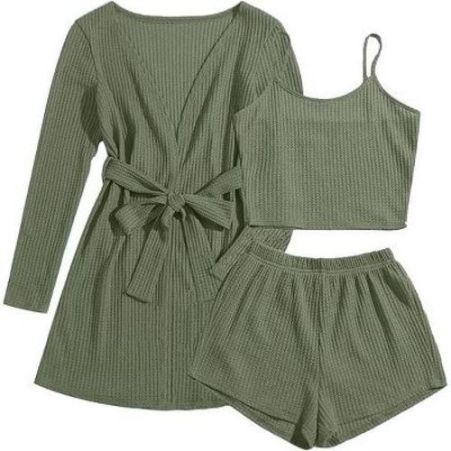 Ekouaer Pajamas for Women Set 3 Piece Lounge Set Soft Pajama Sets Waffle Knit Tank Top and Shorts Cardigan with Pockets Army Green L