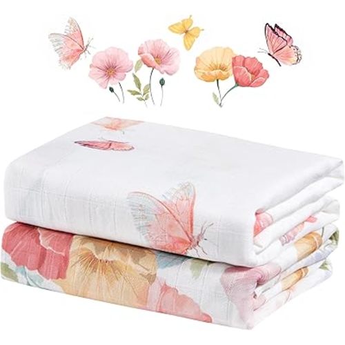 2-Pack Cotton Muslin Swaddle Blankets – 47×47 Inches Large Soft & Breathable Receiving Blankets for Newborns, Baby Girl or Boy (Butterfly & Bloom Duo)