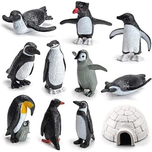SCAHOW 11PCS Penguin Toys, Plastic Arctic Animal Penguin Figures for Kids, Realistic Polar Animals Penguin Figurines Set with Igloo Model, Cake Topper Winter Miniature Toys Decoration
