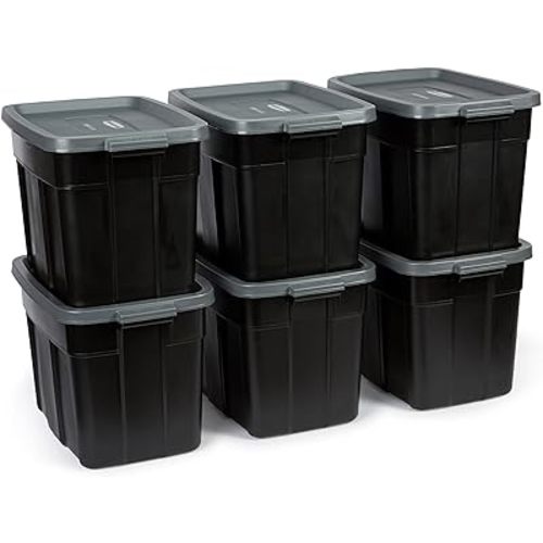 Rubbermaid 18 GAL 6 Pack Garage Storage Bins with Stackable Lid, Heavy Duty - Made in USA - Extreme Temperature Resistant, Durable Plastic Containers with Handles - Solid Black and Grey