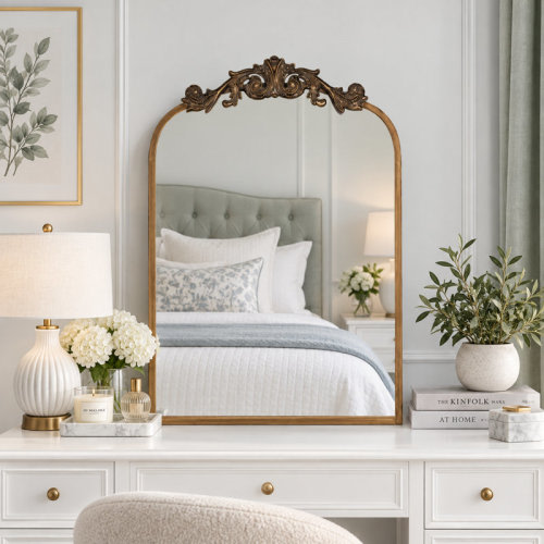 Astoria Grand 19" x 31" Gold Vintage Wall Mirror, Arched Baroque Frame, Decorative Brass Mirror for Bathroom, Living Room & Entryway | Wayfair