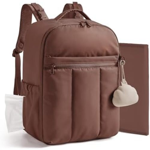 BAGSMART Baby Diaper Bag Backpack, Lightweight Puffy Diaper Bag with Insulated Pockets& Pacifier Case, Travel Stroller Straps with Waterproof Changing Pad, Coffee Brown