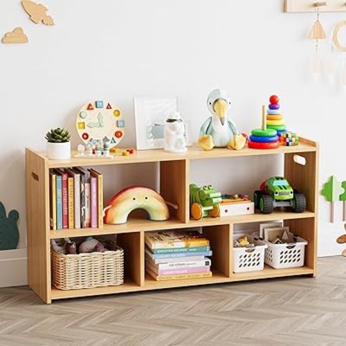 SpaceAid 5-Compartment Bookshelf, Montessori Bookcase for Toddlers, Wooden Book Shelf Organizer Storage Furniture for Kids Rooms, Playroom, Nursery and Classroom, 44.5“ Wide, Natural