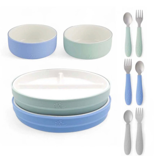 Kids Porcelain Mealtime Bundle | Normal Sleeves | 7.8" Plates, Bowls + Toddler Utensils | 10 Pcs | Sage/MistyBlue