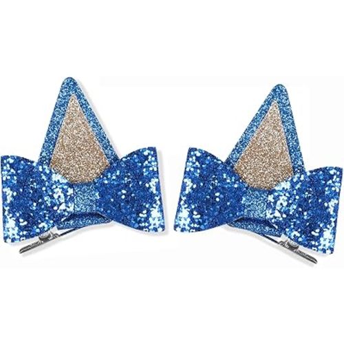 Blue Ears Hair Clips, 1 Pair Glitter Hair Barrettes for Birthday Decorations Halloween Costume Cosplay Accessories Party Supplies (Blue)