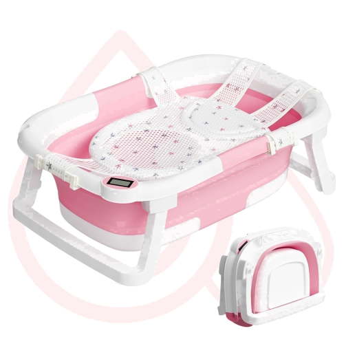 Aprpink Foldable Baby Bathtub PP+TPE with Soft Bath Net&Thermometer for 0-36 Months Toddler Dark Pink